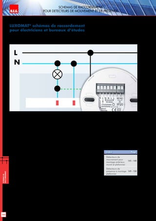 B.E.G. LUXOMAT®
144
Schemasde
raccordement
Détecteurs de
mouvement pour
montage extérieur,
mural et plafonnier
145 - 148
Détecteurs de
présence à montage
plafonnier
149 - 158
B.E.G. LUXOMAT®
LUXOMAT®
schémas de raccordement
pour électriciens et bureaux d‘études
Les produits de pointe de B.E.G. –
installation rapide et simple
La qualité B.E.G. va au-FPlà d’une parfaite
fonctionnalité et d’un design attrayant.
Les produits B.E.G. se distinguent tant par la
simplicité de leur installation et de leur entre-
tien que par le large éventail de leur utilisation.
Les exigences posées par la société B.E.G. à
ses produits en terme de qualité et de confort
commencent dès leur installation.
Les concepteurs de B.E.G. veillent à ce que
l’installation des appareils puisse être réalisée
le plus simplement possible. Différentes va-
riantes de connexion sont réalisables. Il va de
soi que nous nous conformons toujours aux
normes allemandes et européennes corres-
pondantes.
Index Page
Schemas de raccordement
pour detecteurs de mouvement et de presence
 
