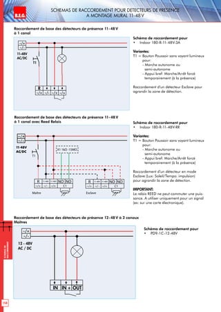 B.E.G. LUXOMAT®
158
Schemasde
raccordement
Schemas de raccordement pour detecteurs de presence
a montage mural 11-48VB.E.G. LUXOMAT®
Raccordement de base des détecteurs de présence 11-48 V
à 1 canal
Schéma de raccordement pour
•	 Indoor 180-R-11-48V-3A
Variantes:
T1 = Bouton Poussoir sans voyant lumineux
pour:
- Marche autonome ou
semi-autonome
- Appui bref: Marche/Arrêt forcé
temporairement (à la présence)
Raccordement d’un détecteur Esclave pour
agrandir la zone de détection.
Raccordement de base des détecteurs de présence 11-48 V
à 1 canal avec Reed Relais Schéma de raccordement pour
•	 Indoor 180-R-11-48V-RR
Variantes:
T1 = Bouton Poussoir sans voyant lumineux
pour:
- Marche autonome ou
semi-autonome
- Appui bref: Marche/Arrêt forcé
temporairement (à la présence)
Raccordement d’un détecteur en mode
Esclave (Lux: Soleil/Tempo: impulsion)
pour agrandir la zone de détection.
IMPORTANT:
Le relais REED ne peut commuter une puis-
sance. A utiliser uniquement pour un signal
(ex: sur une carte électronique).
optional
T1 = NO Taster, zusätzliches Einschalten von Hand möglich
Übersicht
~/+
R
~/-~/+ ~/+
T1
~/-
~/+
11-48V
AC/DC
optional
T1 = NO Taster, zusätzliches Einschalten von Hand möglich
Maître Esclave
Übersicht
~/+
NOR
~/ -~/+ ~/+
NO
C1
T1
~/-
11-48V11-48V NOR
~/ -~/+ ~/+
NO
C1
11-48V11-48V
11-48V
AC/DC
X1 1kΩ -15MΩ

 
 
 



Schéma de raccordement pour
•	 PD9-1C-12-48V
Raccordement de base des détecteurs de présence 12-48V à 2 canaux
Maîtres
 