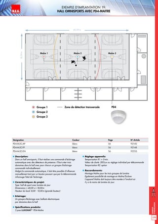 B.E.G. LUXOMAT®
179
Exemples
d‘installation
Exemple d‘implantation 19:
hall omnisports avec PD4-Maitre
„„ Description:
Dans un hall omnisports, il faut réaliser une commande d’éclairage
automatique avec des détecteurs de présence. Il faut créer trois
domaines dans le hall avec pour chacun un groupe d’éclairage
commandé individuellement.
Malgré la commande automatique, il doit être possible d’influencer
manuellement tant par un bouton poussoir que par la télécommande
infrarouge l’état de l’éclairage.
„„ Caractéristiques du projet:
Type: hall de sport avec lumière du jour
Dimensions: L 40,00 x L 18,00m
Hauteur du local: 8,00 - 10,00 m (grande hauteur)
„„ Eclairage:
Un groupe d’éclairage avec ballasts électroniques
par domaine dans le hall
„„ Spécifications produits:
3 pces LUXOMAT®
PD4-Maître
„„ Réglage appareils:
Temporisation R1:  5min.
Valeur de clarté: 500Lux ou réglage individuel par télécommande
Temporisation R2: option
„„ Raccordements:
Montage Maître pour les trois groupes de lumière
Egalement possibilité de montage en Maître/Esclave
L’appareil Maître doit toujours être montée à l’endroit où
il y a le moins de lumière du jour.
40,00m
18,00m
Maître 1 Maître 2 Maître 3
Groupe 1
Groupe 2
Zone de détection transversale
Groupe 3
PD4
Désignation Couleur Page N°-Article
PD4-M-2C-AP blanc 56 92140
PD4-M-2C-FP blanc 56 92148
PD4-M-2C-EN blanc 56 92255
 