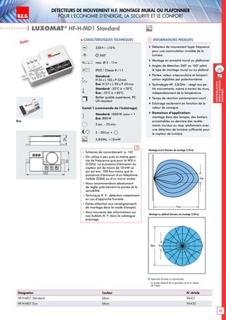 B.E.G. LUXOMAT®
DEtecteursdemou-
vementAmontage
plafonnier
DEtecteurs de mouvement H.F. montage mural ou plafonnier
pour l‘Economie d‘Energie, la sEcuritE et le confort
| LUXOMAT®
HF-H-MD1 Standard
Désignation Couleur N°-Article
HF-H-MD1 Standard blanc 94431
HF-H-MD1 Eco blanc 94430
Informations produits Caracteristiques techniques
Radar
230 V~ ±10 %
360°
max. Ø 2 - 11m
IP20 / Classe II /
Standard:
H 26 x L 103 x P 53mm
Eco: H 27 x L 90 x P 43mm
Standard: -35°C à +70°C
Eco: -10°C à +60°C
Boîtier qualité supérieure, PC
UV-résistant
Canal 1 (commande de l‘éclairage)
Standard: 1000W, cosϕ = 1
Eco: 800 W
5sec. - 25min.
2 - 30 Lux +
Radar
5,8 GHz, 10mW
 Schémas de raccordement: p. 145
 On utilise à peu près la même gam-
me de fréquence que pour le Wifi n
(5GHz). La puissance d‘émission du
capteur est de moins de 10mW ce
qui est env. 100 fois moins que la
puissance d‘émission d‘un téléphone
mobile (GSM) ou d‘un micro-ondes.
 Nous recommendons absolument
de régler précisément la portée et la
sensibilité.
 Technique H. F.: détection notamment
en cas d’approche frontale
 Faites attention aux renseignements
de montage dans le mode d‘emploi.
 Vous trouverez des informations sur
nos hublots H. F. dans le catalogue
éclairage.
„„ Détecteur de mouvement hyper fréquence
pour une commutation invisible de la
lumière
„„ Montage en encastré mural ou plafonnier
„„ Angles de détection 360° ou 160° selon
le type de montage mural ou au plafond
„„ Portée, valeur crépusculaire et tempori-
sation réglables par potentiomètres
„„ Technologie HF: 5,8GHz – réagit aux pe-
tits mouvements, même à travers les murs,
indépendamment de la température
„„ Temps de réaction extrêmement court
„„ Eclairage seulement en fonction de la
valeur de consigne
„„ Domaines d‘application:
montage dans des lampes, des boîtiers
encastrables ou derrière des revête-
ments muraux ou resp. plafonniers avec
une détection de lumière suffisante pour
le capteur de lumière
Radar
Radar
11m
2 m
Montage mural (Hauteur de montage 2,20 m)
103
26
53
����10m 2m
Montage au plafond (Hauteur de montage 2,50 m)
Approche frontale ou transversale
La portée dépend de la grandeur et de la vitesse
de l‘objet.
Eco
35
 