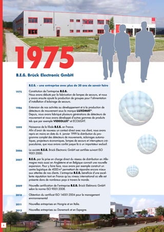 1975B.E.G. Brück Electronic GmbH
1975
1986
1999
2007
2006
2009
2010
B.E.G. - une entreprise avec plus de 30 ans de savoir faire
Constitution de l’entreprise B.E.G.
Nous avons débuté par la fabrication de lampes de secours, et nous
y avons ensuite ajouté la production de groupes pour l’alimentation
d’installation d’éclairage de secours.
Extension de nos activités au développement et à la production de
détecteurs de mouvement sous la marque LUXOMAT®
.
Depuis, nous avons fabriqué plusieurs générations de détecteurs de
mouvement et nous avons développé d’autres gammes de produits
tels que par exemple VIDEOLUX®
et ECOLIGHT.
Naissance de la filiale B.E.G. en France.
Afin d’avoir de nouveau un contact direct avec nos client, nous avons
repris en mains en date du 4. janvier 1999 la distribution du pro-
gramme complet des détecteurs de mouvements, éclairages automa-
tiques, projecteurs économiques, lampes de secours et interrupteurs cré-
pusculaires, que nous avions confié jusque là à un importateur exclusif.
La société B.E.G. Brück Electronic GmbH est certifiée suivant ISO
9001:2000.
B.E.G. par la prise en charge direct du réseau de distribution en Alle-
magne mais aussi en Angleterre et en Belgique connaît une nouvelle
expansion. Pour y faire face, nous avons par exemple construit un
centre logistique de 4000 m² permettant de répondre encore mieux
aux attentes de nos clients. L’entreprise B.E.G. bénéficie d’une excel-
lente réputation tant en France qu’au niveau international où elle est
présente dans de nombreux pays à travers le monde.
Nouvelle certification de l’entreprise B.E.G. Brück Elektronic GmbH
selon la norme ISO 9001:2008.
Obtention du certificat ISO 14001:2004 pour le management
environnemental
Nouvelles entreprises en Hongrie et en Italie.
Nouvelles entreprises au Danemark et en Espagne.
6
2011
2012
 