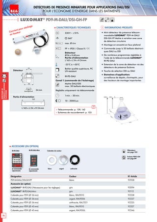 B.E.G. LUXOMAT®
76
DEtecteursde
prEsenceAmontage
plafonnier
DEtecteurs de prEsence miniature pour applications DALI/DSI
pour l‘economie d‘energie dans les batiments
| LUXOMAT®
PD9-M-DALI/DSI-GH-FP
Informations produits Caracteristiques techniques
DALI
Désignation Couleur N°-Article
PD9-M-DALI/DSI-GH-FP blanc 92938
Accessoire (en option)
LUXOMAT®
IR-PD-DALI (Nécessaire pour les réglages) gris 92094
LUXOMAT®
IR-PD-DALI-Mini gris 92112
Colerette pour PD9 (Ø 36mm) blanc, RAL9010 92238
Colerette pour PD9 (Ø 36mm) argent, RAL9006 92237
Colerette pour PD9 (Ø 36mm) anthracite, RAL7021 92235
Colerette pour PD9 (Ø 45mm) blanc, RAL9010 92327
Colerette pour PD9 (Ø 45mm) argent, RAL9006 92346
 Accessoire (en option)
230V~ ±10%
360°
max. Ø 6m
FP = IP20 / Classe II /
Détecteur
Ø36 x H40mm
Partie d’alimentation
L 165 x L 24 x H 24mm
-25°C à +50°C
Boîtier qualité supérieure, PC
UV-résistant
IR-PD-DALI
Canal 1 (commande de l‘éclairage)
DALI
Maître DALI/DSI
max. 50 ballasts électroniques
Réglable uniquement via télécommande
1min. - 30min.
10 - 2000 Lux
 Télécommande: p. 139, 142
 Schémas de raccordement: p. 155
Convient pour stockage
en hauteur „„ Mini-détecteur de présence télécom-
mandable LUXOMAT®
PD9-M-DALI/
DSI-GH-FP Maître à variation avec zone
de détection circulaire
„„ Montage en encastré en faux plafond
„„ Commande jusqu‘à 50 ballasts électroni-
ques DALI ou DSI
„„ De nombreux programmes réglables à
l’aide de la télécommande LUXOMAT®
IR-PD-DALI
„„ Extension de la zone de détection via des
détecteurs de présence Esclaves	
„„ Touche de sélection DSI ou DALI
„„ Domaines d‘application:
surveillance de dépôts, d‘entrepôts, pour
des hauteurs de montage importantes
Détecteur
Partie d’alimentation
Colerettes de couleur
blanc anthraciteargent
6,00 m10,00 m RJ
360°
6,00m
6,00m
3,50m
3,50m
45
25
1216
165
L 165 x L 24 x H 24mm
(à commander
séparément)
IR-PD-DALI
DALI
34mm
Obturateurs
voir page 103!
Esclaves PD9-S-GH
voir page 89!
36
24
25
16
165
(à commander
séparément)
IR-PD-DALI-Mini
 
