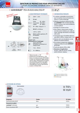 B.E.G. LUXOMAT®
77
DEtecteursde
prEsenceAmontage
plafonnier
DEtecteurs de prEsence DUO pour applications DALI/DSI
pour l‘economie d‘energie dans les batiments
Informations produits Caracteristiques techniques
FP
230V~ ±10%
360°
assise 	 Ø 6,40m
transversale 	 Ø 24,00m
radiale 	 Ø 8,00m
FP = IP20 / Classe II /
FP Ø97 x H103mm
-25°C à +50°C
Boîtier qualité supérieure, PC
UV-résistant
IR-PD-DALI
Canal 1 et 2
(commande de l‘éclairage)
DALI
Maître DALI/DSI
50 ballasts numériques sur
chaque canal
1min. - 30min.
10 - 2000 Lux
 Télécommande: p. 139
 Schémas de raccordement: p. 155
 Grâce à la télécommande IR-PD-DALI
on peut non seulement régler précisé-
ment la valeur d’éclairement et le temps
de commutation souhaité mais égale-
ment baliser à 20% en cas d’absence
l’ensemble de la zone en permanence
ou pour un temps choisi.
Optimal pour
deux zones à éclairer
Désignation Couleur N°-Article
PD4-M-DUO-DALI/DSI-FP blanc 92276
Accessoire (en option)
LUXOMAT®
IR-PD-DALI gris 92094
Panier de protection BSK blanc 92199
 Accessoire (en option)
98
72 133
6815
97
15
1363
101
2144
98
N L'L N L'L N
L
'
L
70
98
73
61
95
106
88
30
97
64
73
30
97
48
54
641717
801010
30
97
64
73
6815
97
15
30
97
48
54
641717
84
101
6815
97
15
1C
3 PD4
PD4-M-GH
PD4-M-DUO-DIM
93
106
93
106
FP
„„ La solution confortable et économique
pour le maintien d‘une luminosité cons-
tante sur 2 zones d’éclairage
„„ Détecteur de présence télécommanda-
ble LUXOMAT®
PD4-M-DUO-DALI/DSI
Maître à variation avec zone de détection
circulaire plafond
„„ Montage en encastré en faux
„„ Deux capteurs crépusculaires orientés
vers deux zones à éclairer, p.ex. salles de
classe: éclairage côté fenêtre et éclairage
côté couloir
„„ Commande jusqu‘à 25 ballasts électroni-
ques DALI ou DSI sur chaque sortie 1 et 2
„„ Extension de la zone de détection via des
détecteurs de présence Esclaves
„„ De nombreux programmes réglables à
l’aide de la télécommande LUXOMAT®
IR-PD-DALI
„„ Touche de sélection DSI ou DALI
„„ Domaines d‘application:
bureaux, salles de réunion, écoles,
jardin d’enfants, hôpitaux
| LUXOMAT®
PD4-M-DUO-DALI/DSI-FP DALI
Panier de protection
(à commander
séparément)
IR-PD-DALI
12 m
12 m8 m
6,40m
24m
360°
2,50 m
2
3 1
Approche du détecteur de face
Approche du détecteur en biais
Activité assise
1
2
3
68mm
DALI
Obturateurs
voir page 103!
Esclaves PD4-S
voir page 84!
 