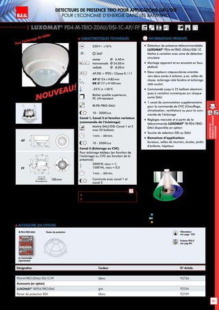 B.E.G. LUXOMAT®
81
DEtecteursde
prEsenceAmontage
plafonnier
| LUXOMAT®
PD4-M-TRIO-2DALI/DSI-1C-AP/-FP
Informations produits Caracteristiques techniques
DALI
230V~ ±10%
360°
assise 	 Ø 6,40m
transversale 	Ø 24,00m
radiale	 Ø 8,00m
AP/DE = IP20 / Classe II /
AP Ø124 x H85mm
DE Ø117 x H100mm
-25°C à +50°C
Boîtier qualité supérieure,
PC UV-résistant
IR-PD-TRIO-DALI
10 - 2000Lux
Canal 1, Canal 2 et fonction variateur
(commande de l‘éclairage)
DALI
Maître DALI/DSI-Canal 1 et 2
max 25 ballasts
1min. - 60min.
10 - 2000Lux
Canal 3 (Eclairage ou CVC)
Pour éclairage tableau (en fonction de
l’éclairage) ou CVC (en fonction de la
présence))
3000W, cosϕ = 1;
1500 VA, cosϕ = 0,5
1min. - 60min.
Commute avec canal 1 et
canal 2
 Télécommande: p. 140
 Schémas de raccordement: p. 155
„„ Détecteur de présence télécommandable
LUXOMAT®
PD4-M-TRIO-2DALI/DSI-1C
Maître à variation avec zone de détection
circulaire
„„ Montage apparent et en encastré en faux
plafond
„„ Deux capteurs crépusculaires orientés
vers deux zones à éclairer, p.ex. salles de
classe: éclairage côté fenêtre et éclairage
côté couloir
„„ Commande jusqu‘à 25 ballasts électroni-
ques à variation numériques sur chaque
sortie DALI
„„ 1 canal de commutation supplémentaire
pour la commande de CVC (Chauffage,
climatisation, ventilation) ou pour la com-
mande de l‘éclairage
„„ Réglages manuels et à partir de la
télécommande LUXOMAT®
IR-PD4-TRIO-
DALI disponible en option
„„ Touche de sélection DSI ou DALI
„„ Domaines d‘application:
bureaux, salles de réunion, écoles, jardin
d’enfants, hôpitaux
Désignation Couleur N°-Article
PD4-M-TRIO-2DALI/DSI-1C-AP blanc 92751
PD4-M-TRIO-2DALI/DSI-1C-FP blanc 92756
Accessoire (en option)
LUXOMAT®
IR-PD4-TRIO-DALI gris 92104
Panier de protection BSK blanc 92199
 Accessoire (en option)
Panier de protection
(à commander
séparément)
IR-PD4-TRIO-DALI
AP
FP
Pour l‘éclairage de tables
12 m
12 m8 m
6,40m
24m
360°
2,50 m
2
3 1
Approche du détecteur de face
Approche du détecteur en biais
Activité assise
1
2
3
AP
FP
100
68
117
98
85
124
100mm
NOUVEAU!
NOUVEAU!
DEtecteurs de prEsence TRIO pour applications DALI/DSI
pour l‘economie d‘energie dans les batiments
DALI
Obturateurs
voir page 103!
Esclaves PD4-S
voir pag 84!
 