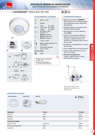 B.E.G. LUXOMAT®
83
DEtecteursde
prEsenceAmontage
plafonnier
DEtecteur de prEsence en version Esclave
(dEtecteur de mouvement interieur)
| LUXOMAT®
PD2-S-AP/-FP/-EN
Désignation Couleur N°-Article
PD2-S-AP blanc 92152
PD2-S-FP blanc 92166
PD2-S-EN blanc 92156
Accessoire (en option)
Capuchon IP23 transparent 92206
Panier de protection BSK blanc 92199
Socle IP54 blanc 92161
 Accessoire (en option)
Informations produits Caracteristiques techniques
AP
FP EN
30
80
98
30
8466
30
65
48
98
14
50
14
52
6488
15
84,5
80
15
84,5
80
35
65
16
4825 25
98
72 13131950
106
30
97
64
73
6815
97
15
30
97
48
54
1363
101
2144
98
N L'L N L'L N
L
'
L
70
98
73
61
95
106
88
30
97
64
73
30
97
48
54
6488
8099
641717
801010
30
97
64
73
6815
97
15
30
97
48
54
641717
84
101
6815
97
15
98
72 1313
PD1
PD2 PD4-1C
PD3 PD4
PD4-M-GH
PD4-M-DUO-DIM
70
70
93
106
93
106
35
65
16
4825 25
98
72 1313
30
80
98
30
84
66
30
65
48
98
14
50
14
52
6488
15
84,5
80
15
84,5
80
35
65
16
4825 25
98
72 1313
1950
106
30
97
64
73
6815
97
15
30
97
48
54
1363
101
2144
98
N L'L N L'L N
L
'
L
70
98
73
61
95
106
88
30
97
64
73
30
97
48
54
6488
8099
641717
801010
30
97
64
73
6815
97
15
30
97
48
54
641717
84
101
6815
97
15
98
72 1313
PD1
PD2 PD4-1C
PD3 PD4
PD4-M-GH
PD4-M-DUO-DIM
70
70
93
106
93
106
35
65
16
4825 25
98
72 1313
30
80
98
30
8466
30
65
48
98
14
50
14
52
6488
15
84,5
80
15
84,5
80
35
65
16
4825 25
98
72 13131950
106
30
97
64
73
6815
97
15
30
97
48
54
1363
101
2144
98
N L'L N L'L N
L
'
L
70
98
73
61
95
106
88
30
97
64
73
30
97
48
54
6488
8099
641717
801010
30
97
64
73
6815
97
15
30
97
48
54
641717
84
101
6815
97
15
98
72 1313
PD1
PD2 PD4-1C
PD3 PD4
PD4-M-GH
PD4-M-DUO-DIM
70
70
93
106
93
106
35
65
16
4825 25
98
72 1313
AP
FP
EN
Panier de protection Capuchon IP23 Socle IP54
230 V~ ±10 %
360°
assise 	 Ø 4,00m
transversale 	 Ø 10,00m
radiale 	 Ø 6,00m
AP/FP/EN = IP20 /
Classe II /
AP Ø98 x H50mm
FP Ø80 x H84,5mm
EN Ø98 x H65mm
-25°C à +50°C
Boîtier qualité supérieure, PC
UV-résistant
Intervalle d’impulsion
2sec. ou 9sec.
Sortie esclave
230V
 Schémas de raccordement:
p. 150 - 156
 Exemples d’installation:
p. 161, 164, 166, 170, 171
„„ Détecteur de présence LUXOMAT®
PD2-S, Esclave avec une plage de détec-
tion pratiquement carrée, combinaison
Maître/Esclave
„„ Montage apparent, en encastré en faux
plafond et encastré plafond
„„ Raccordement sur tous les détecteurs
Maître B.E.G.
„„ Lorsque le mouvement est détecté, le
détecteur Esclave envoie une simple
impulsion au détecteur Maître et lui
signale ainsi une présence dans sa zone
de couverture
„„ Sa détection est indépendante du niveau
de luminosité
„„ Aucun réglage de lux et de temporisation
„„ Capteur et bloc d’alimentation réunis
dans un seul boîtier
„„ Domaines d‘application:
bureaux, salles de réunion, écoles,
jardin d’enfants, hôpitaux
68mm
Approche du détecteur de face
Approche du détecteur en biais
Activité assise
1
2
3
10 m
6 m
4 m
10m
360°
2,50 m
2
3 1
Obturateurs
voir page 103!
 