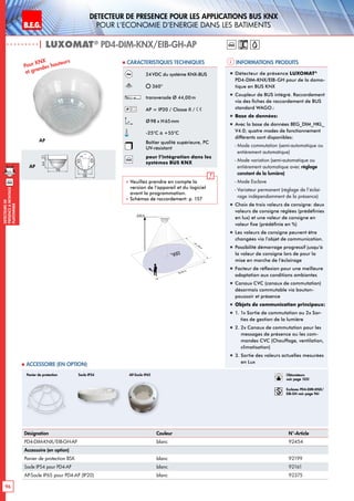 B.E.G. LUXOMAT®
96
DEtecteursde
prEsenceAmontage
plafonnier
Detecteur de presence pour les applications BUS KNX
pour l‘economie d‘energie dans les batiments
Informations produits Caracteristiques techniques
AP
24VDC du système KNX-BUS
360°
transversale Ø 44,00m
AP = IP20 / Classe II /
Ø98 x H65mm
-25°C à +55°C
Boîtier qualité supérieure, PC
UV-résistant
knx
pour l’intégration dans les
systèmes BUS KNX
 Veuillez prendre en compte la
version de l‘appareil et du logiciel
avant la programmation.
 Schémas de raccordement: p. 157
Pour KNX
et grandes hauteurs
Désignation Couleur N°-Article
PD4-DIM-KNX/EIB-GH-AP blanc 92454
Accessoire (en option)
Panier de protection BSK blanc 92199
Socle IP54 pour PD4-AP blanc 92161
AP-Socle IP65 pour PD4-AP (IP20) blanc 92375
 Accessoire (en option)
Panier de protection Socle IP54
AP
8
2 13
6815
97
15
163
101
2144
98
N L'L N L'L N
L
'
L
70
98
73
61
95
106
88
30
97
64
73
30
97
48
54
801010
30
97
64
73
6815
97
15
30
97
48
54
641717
84
101
6815
97
15
PD4-M-GH
93
106
93
106
„„ Détecteur de présence LUXOMAT®
PD4-DIM-KNX/EIB-GH pour de la domo-
tique en BUS KNX
„„ Coupleur de BUS intégré. Raccordement
via des fiches de raccordement de BUS
standard WAGO.:
„„ Base de données:
„„ Avec la base de données BEG_DIM_HKL_
V4.0; quatre modes de fonctionnement
différents sont disponibles:
	 - Mode commutation (semi-automatique ou
entièrement automatique)
	 - Mode variation (semi-automatique ou
entièrement automatique avec réglage
constant de la lumière)
	 - Mode Esclave
	 - Variateur permanent (réglage de l‘éclai-
rage indépendamment de la présence)
„„ Choix de trois valeurs de consigne: deux
valeurs de consigne réglées (prédéfinies
en lux) et une valeur de consigne en
valeur fixe (prédéfinie en %)
„„ Les valeurs de consigne peuvent être
changées via l’objet de communication.
„„ Possibilité démarrage progressif jusqu’à
la valeur de consigne lors de pour la
mise en marche de l’éclairage
„„ Facteur de réflexion pour une meilleure
adaptation aux conditions ambiantes
„„ Canaux CVC (canaux de commutation)
désormais commutable via bouton-
poussoir et présence
„„ Objets de communication principaux:
„„ 1. 1x Sortie de commutation ou 2x Sor-
ties de gestion de la lumière
„„ 2. 2x Canaux de commutation pour les
messages de présence ou les com-
mandes CVC (Chauffage, ventilation,
climatisation)
„„ 3. Sortie des valeurs actuelles mesurées
en Lux
| LUXOMAT®
PD4-DIM-KNX/EIB-GH-AP knx
Ø 44 m
360°
9,00 m
ca.24m
knx
Obturateurs
voir page 103!
Esclaves PD4-DIM-KNX/
EIB-GH voir page 96!
AP-Socle IP65
 