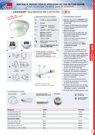 B.E.G. LUXOMAT®
97
DEtecteursde
prEsenceAmontage
plafonnier
Detecteur de presence pour les applications BUS KNX/EIB pour couloir
pour l‘economie d‘energie dans les batiments
| LUXOMAT®
PD4-DIM-KNX/EIB-C-AP/FP/EN
Informations produits Caracteristiques techniques
knx
Désignation Couleur N°-Article
PD4-DIM-KNX/EIB-C-AP blanc 92461
PD4-DIM-KNX/EIB-C-FP blanc 92456
PD4-DIM-KNX/EIB-C-EN blanc 92459
Accessoire (en option)
Panier de protection BSK blanc 92199
Socle IP54 pour PD4-AP blanc 92161
Bras mural pour PD4-C-AP blanc 92441
AP-Socle IP65 pour PD4-AP (IP20) blanc 92375
 Accessoire (en option)
24VDC du système KNX-BUS
360°
transversale 	 Ø 40,00m
radiale 	 Ø 20,00m
AP/FP/EN = IP20 / Classe II /
AP Ø98 x H65mm
FP Ø97 x H103mm
EN Ø97 x H84mm
-25°C à +55°C
Boîtier qualité supérieure, PC
UV-résistant
knx
pour l’intégration dans les
systèmes BUS KNX
 Veuillez prendre en compte la
version de l‘appareil et du logiciel
avant la programmation.
 Schémas de raccordement: p. 157
„„ Détecteur de présence LUXOMAT®
PD4-
DIM-KNX/EIB-C pour de la domotique
en BUS KNX
„„ Coupleur de BUS intégré. Raccordement
via des fiches de raccordement de BUS
standard WAGO.:
„„ Base de données:
„„ Avec la base de données BEG_DIM_HKL_
V4.0; Quatre modes de fonctionnement
différents sont disponibles:
	 - Mode commutation (semi-automatique ou
entièrement automatique)
	 - Mode variation (semi-automatique ou
entièrement automatique avec réglage
constant de la lumière)
	 - Mode Esclave
	 - Variateur permanent (réglage de l‘éclai-
rage indépendamment de la présence)
„„ Choix de trois valeurs de consigne: deux
valeurs de consigne réglées (prédéfinies
en lux) et une valeur de consigne en
valeur fixe (prédéfinie en %)
„„ Les valeurs de consigne peuvent être
changées via l’objet de communication.
„„ Possibilité démarrage progressif jusqu’à
la valeur de consigne lors de pour la
mise en marche de l’éclairage
„„ Facteur de réflexion pour une meilleure
adaptation aux conditions ambiantes
„„ Canaux CVC (canaux de commutation)
désormais commutable via bouton-
poussoir et présence
„„ Objets de communication principaux:
1. 1x Sortie de commutation ou 2x Sorties
de gestion de la lumière
2. 2x Canaux de commutation pour les mes-
sages de présence ou les commandes CVC
(Chauffage, ventilation, climatisation)
3. Sortie des valeurs actuelles mesurées en Lux
knx
Panier de protection Bras mural pour PD4-C-AP
(également adapté à PD2-/PD4-AP)
AP
FP EN
Pour KNX
, avec
zone de détection étroite
AP
FP
EN
68mm
2,50 m
40 m
20 m
3m5m
2
1
Marche dans l‘axe du couloir
Marche perpendiculaire à l‘axe du couloir
1
2
Socle IP54
98
72 13
6815
97
15
1363
101
2144
98
N L'L N L'L N
L
'
L
70
98
73
61
95
106
88
30
97
64
73
30
97
48
54
801010
30
97
64
73
6815
97
15
30
97
48
54
641717
84
101
6815
97
15
C
PD4
PD4-M-GH
PD4-M-DUO-DIM
93
106
93
106
98
72 13
6815
97
15
1363
101
2144
98
N L'L N L'L N
L
'
L
70
98
73
61
95
106
88
30
97
64
73
30
97
48
54
801010
30
97
64
73
6815
97
15
30
97
48
54
641717
84
101
6815
97
15
C
PD4
PD4-M-GH
PD4-M-DUO-DIM
93
106
93
106
98
72 13
6815
97
15
1363
101
2144
98
N L'L N L'L N
L
'
L
70
98
73
61
95
106
88
30
97
64
73
30
97
48
54
801010
30
97
64
73
6815
97
15
30
97
48
54
641717
84
101
6815
97
15
PD4
PD4-M-GH
PD4-M-DUO-DIM
93
106
93
106
Obturateurs
voir page 103!
Esclaves PD4-DIM-KNX/
EIB-C voir page 96!
AP-Socle IP65
 