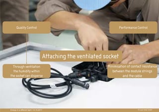 Quality Control                                                    Performance Control




                                       Attaching the ventilated socket
                                                     PRÄ
                                                     PRÄSENTATIONSTITEL
  Through ventilation
  the humidity within                                THEMA between the module strings
                                                            Minimisation of contact resistance

the socket can disperse                                                     and the cable




Energy in a different light I 14.10.2011                                              © Luxor Solar GmbH
 