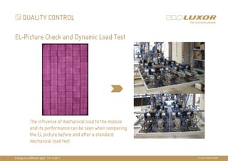 QUALITY CONTROL

EL-Picture Check and Dynamic Load Test




                                                   PRÄ
                                                   PRÄSENTATIONSTITEL
                                                   THEMA
             The influence of mechanical load to the module
             and its performance can be seen when comparing
             the EL picture before and after a standard
             mechanical load test.


Energy in a different light I 14.10.2011                         © Luxor Solar GmbH
 