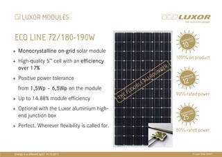 LUXOR MODULES

ECO LINE 72/180-190W
   Monocrystalline on-grid solar module
                   on-
                                                                                100% on product
   High-quality 5’’ cell with an efficiency
   over 17%                                                             E   R
                                                                 U   ND
                                                             O
   Positive power tolerance                               LR
   from 1,5Wp – 6,5Wp on the module
                                              PRÄ EXIBLE
                                              PRÄSENTATIONSTITEL
                                                       AL

                                                     FL
   Up to 14.88% module efficiency             THEMA
                                                T HE     90% rated power

   Optional with the Luxor aluminium high-
   end junction box
   Perfect. Wherever flexibility is called for.
                                                                                80% rated power



Energy in a different light I 14.10.2011                                               © Luxor Solar GmbH
 
