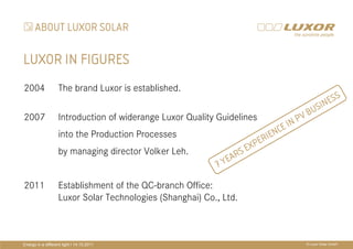 ABOUT LUXOR SOLAR

LUXOR IN FIGURES
2004               The brand Luxor is established.
                                                                                             ESS
                                                                                         SIN
2007               Introduction of widerange Luxor Quality Guidelines                  BU
                                                                                  PV
                                                                             E IN
                                               PRÄ
                                               PRÄSENTATIONSTITEL
                   into the Production Processes
                                                                      ERI
                                                                         EN
                                                                            C
                                                                   EXP
                                               THEMAYEARS
                   by managing director Volker Leh.
                                                          7

2011               Establishment of the QC-branch Office:
                   Luxor Solar Technologies (Shanghai) Co., Ltd.



Energy in a different light I 14.10.2011                                               © Luxor Solar GmbH
 