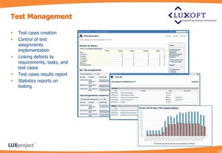 Test Management

   Test cases creation
   Control of test
    assignments
    implementation
   Linking defects to
    requirements, tasks, and
    test cases
   Test cases results report
   Statistics reports on
    testing
 