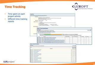 Time Tracking

   Time spent on each
    project activity
   Different time tracking
    reports
 