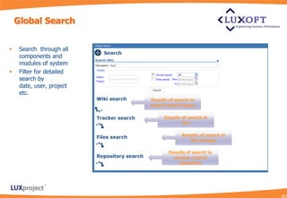 Global Search


    Search through all
     components and
     modules of system
    Filter for detailed
     search by
     date, user, project
     etc.
                           Results of search in
                           project portal pages

                                 Results of search in
                                         Jira

                                         Results of search in
                                            file storage

                                   Results of search in
                                     version control
                                       repository
 