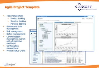 Agile Project Template

    Task management
      – Product backlog
      – Iteration backlog
      – Personal backlog
    Release and build
     management
    Risk management;
    Defect management;
    Communication
     management (Scrum
     and retrospective
     meetings);
    Configuration
     management
    Project Status Charts
 