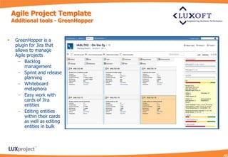 Agile Project Template
    Additional tools - GreenHopper


    GreenHopper is a
     plugin for Jira that
     allows to manage
     Agile projects
      – Backlog
          management
      – Sprint and release
          planning
      – Whiteboard
          metaphora
      – Easy work with
          cards of Jira
          entities
      – Editing entities
          within their cards
          as well as editing
          entities in bulk
 