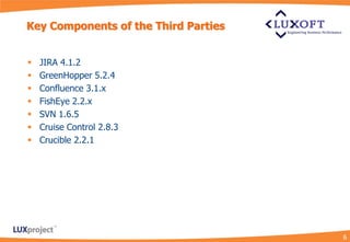 Key Components of the Third Parties


   JIRA 4.1.2
   GreenHopper 5.2.4
   Confluence 3.1.x
   FishEye 2.2.х
   SVN 1.6.5
   Cruise Control 2.8.3
   Crucible 2.2.1




                                      6
 