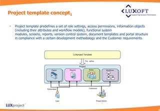 Project template concept1

   Project template predefines a set of role settings, access permissions, information objects
    (including their attributes and workflow models), functional system
    modules, screens, reports, version control system, document templates and portal structure
    in compliance with a certain development methodology and the Customer requirements.
 