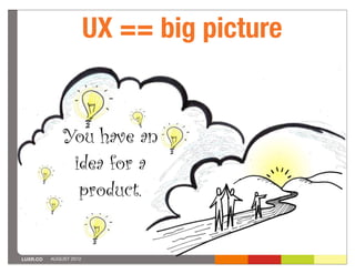 UX == big picture


              You have an
               idea for a
                product.


LUXR.CO   AUGUST 2012
 