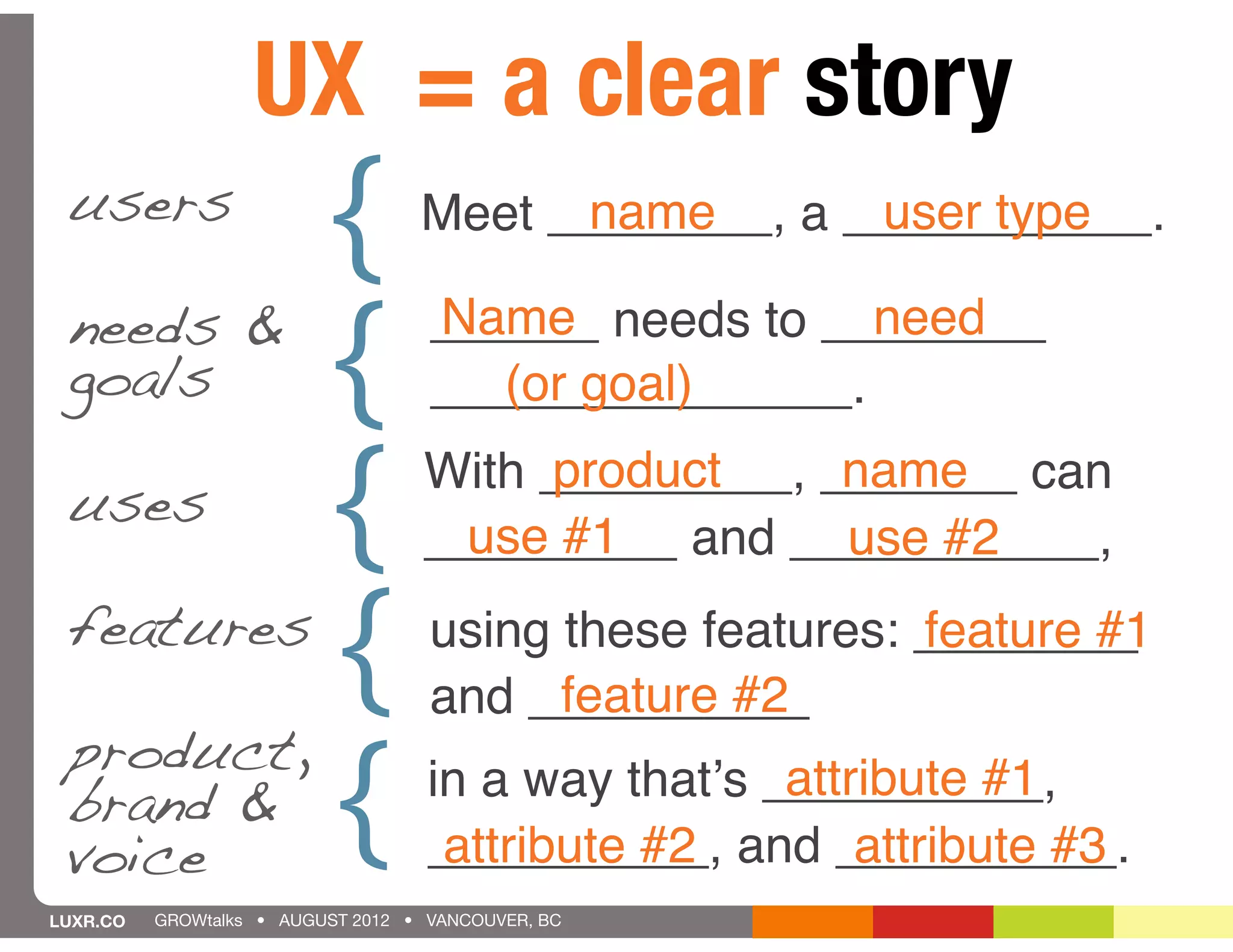 UX = a clear story
 users
          {                              name        user type
                                   Meet ________, a ___________.

 needs &
 goals    {                         Name              need
                                    ______ needs to ________
                                       (or goal)
                                    _______________.

 uses     {                             product
                                     use #1
                                                    name
                                   With _________, _______ can
                                   _________ and ___________,
                                                    use #2
 features
          {                         using these features: ________
                                          feature #2
                                    and __________
                                                          feature #1

 product,
 brand & {                                           attribute #1
                                    in a way thatʼs __________,
 voice                              __________, and __________.
                                     attribute #2        attribute #3
LUXR.CO   GROWtalks • AUGUST 2012 • VANCOUVER, BC
 
