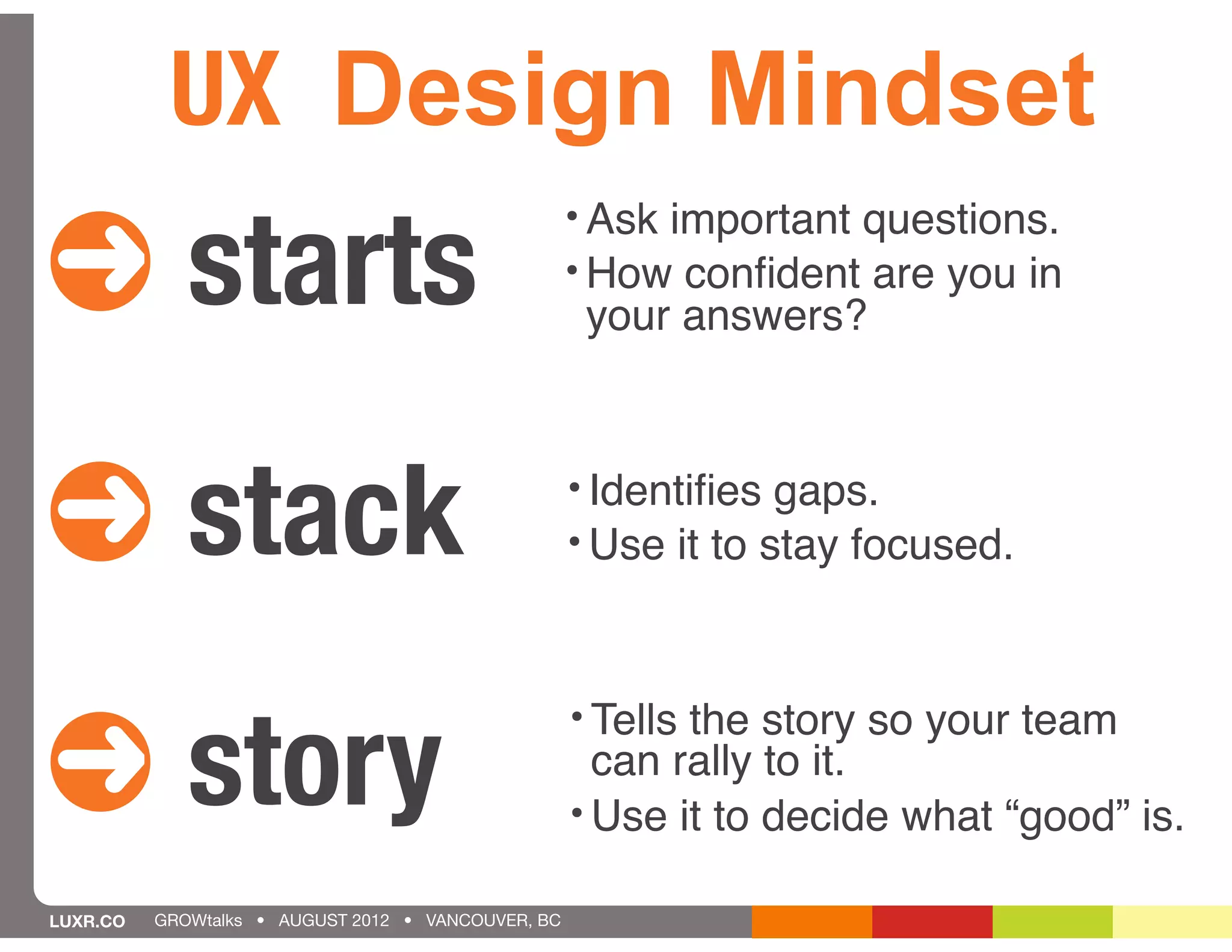 UX Design Mindset
! starts
                                                    • Ask important questions.
                                                    • How conﬁdent are you in
                                                      your answers?



! stack                                             • Identiﬁes gaps.
                                                    • Use it to stay focused.




! story
                                                    • Tells the story so your team
                                                      can rally to it.
                                                    • Use it to decide what “good” is.

LUXR.CO   GROWtalks • AUGUST 2012 • VANCOUVER, BC
 