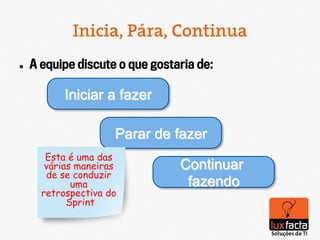 Inicia, Pára, Continua
l    A equipe discute o que gostaria de:

            Iniciar a fazer

                       Parar de fazer
         Esta é uma das
         várias maneiras          Continuar
         de se conduzir
               uma                 fazendo
        retrospectiva do
              Sprint
 