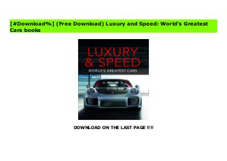 DOWNLOAD ON THE LAST PAGE !!!!
[#Download%] (Free Download) Luxury and Speed: World's Greatest Cars Ebook From the 1907 Ford Model K to the 2019 Chevrolet Corvette ZR1, experience 78 famous rides via informative text and impressive photography.Cadillacs, Mercedes-Benzes, Lincolns, Ferraris, Jaguars, plus unexpected rarities from Scripps-Booth, Isotta Fraschini, Delage, Healey, and Kaiser.Cars range from the early twentieth century to 2019.Each entry describes key performance advancements and provides entertaining facts and figures.Four pages are devoted to each car.Hardcover, 320 pages
[#Download%] (Free Download) Luxury and Speed: World's Greatest
Cars books
 