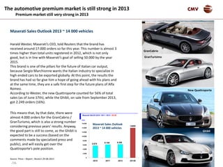 -14-
CMV
Maserati Sales Outlook 2013 ~ 14 000 vehicles
Harald Wester, Maserati’s CEO, told Reuters that the brand has
received around 17.000 orders so far this year. This number is almost 3
times higher than total units registered in 2012, which is not only
good, but is in line with Maserati’s goal of selling 50.000 by the year
2015.
This brand is one of the pillars for the future of Italian car output,
because Sergio Marchionne wants the Italian industry to specialize in
high-ended cars to be exported globally. At this point, the results the
brand has had so far give him a hope of going ahead with his plans and
at the same time, they are a safe first step for the future plans of Alfa
Romeo.
According to Wester, the new Quattroporte counted for 56% of total
sales (as of June 17th), while the Ghibli, on sale from September 2013,
got 2.249 orders (16%).
6.288
14000
5.675
6.159
0
2.000
4.000
6.000
8.000
10.000
12.000
14.000
16.000
2010 2011 2012 2013E
Maserati SALES 2010 / 2011 / 2012 / 2013E
Units
The automotive premium market is still strong in 2013
Premium market still very strong in 2013
New Quattroporte
Ghibli
GranTurisimo
GranCabrio
Maserati Sales Outlook
2013 ~ 14 000 vehicles
This means that, by that date, there were
almost 4.000 orders for the GranCabrio /
GranTurismo, which is also a strong number
considering previous years’ results. Anyway,
the good part is still to come, as the Ghibli is
expected to be a success (based on the
comments made by specialized press and
public), and will easily get over the
Quattroporte’s pole position.
Source: Press – Report ; Reuters 29-08-2013
 