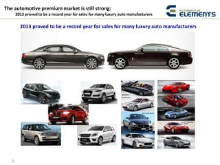 -3-
The automotive premium market is still strong:
2013 proved to be a record year for sales for many luxury auto manufacturers
2013 proved to be a record year for sales for many luxury auto manufacturers
 