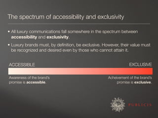 The spectrum of accessibility and exclusivity

• All luxury communications fall somewhere in the spectrum between
  access...