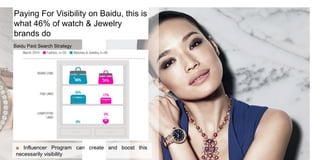Paying For Visibility on Baidu, this is
what 46% of watch & Jewelry
brands do
Baidu Paid Search Strategy
■ Influencer Prog...
