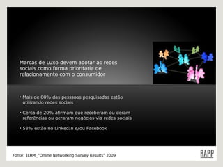 Marcas de Luxo devem adotar as redes sociais como forma prioritária de relacionamento com o consumidor Fonte:  ILHM_”Online Networking Survey Results” 2009 Mais de 80% das pesssoas pesquisadas estão    utilizando redes sociais Cerca de 20% afirmam que receberam ou deram    referências ou geraram negócios via redes sociais 58% estão no LinkedIn e/ou Facebook 