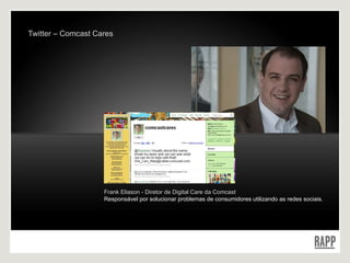 Twitter – Comcast Cares Frank Eliason - Diretor de Digital Care da Comcast Responsável por solucionar problemas de consumidores utilizando as redes sociais. 