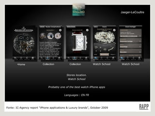 Stores location. Watch School Probably one of the best watch iPhone apps Languages : EN FR Home Collection Collection Watch School Watch School Fonte:  IC-Agency report "iPhone applications & Luxury brands", October 2009 Jaeger-LeCoultre 