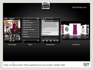 Home Page Menu Description Coverflow Fonte:  IC-Agency report "iPhone applications & Luxury brands", October 2009 Net-A-Porter.com 