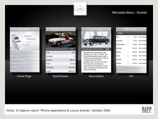 Home Page Specificities Description Hit Fonte:  IC-Agency report "iPhone applications & Luxury brands", October 2009 Mercedes-Benz - Quartet 
