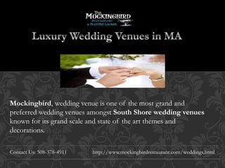 Mockingbird, wedding venue is one of the most grand and
preferred wedding venues amongst South Shore wedding venues
known for its grand scale and state of the art themes and
decorations.
Contact Us: 508-378-4911 http://www.mockingbirdrestaurant.com/weddings.html
 