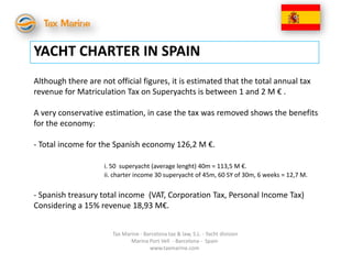 YACHT CHARTER IN SPAIN
Although there are not official figures, it is estimated that the total annual tax
revenue for Matriculation Tax on Superyachts is between 1 and 2 M € .

A very conservative estimation, in case the tax was removed shows the benefits
for the economy:

- Total income for the Spanish economy 126,2 M €.

                    i. 50 superyacht (average lenght) 40m = 113,5 M €.
                    ii. charter income 30 superyacht of 45m, 60 SY of 30m, 6 weeks = 12,7 M.


- Spanish treasury total income (VAT, Corporation Tax, Personal Income Tax)
Considering a 15% revenue 18,93 M€.


                       Tax Marine - Barcelona tax & law, S.L. - Yacht division
                              Marina Port Vell - Barcelona - Spain
                                      www.taxmarine.com
 