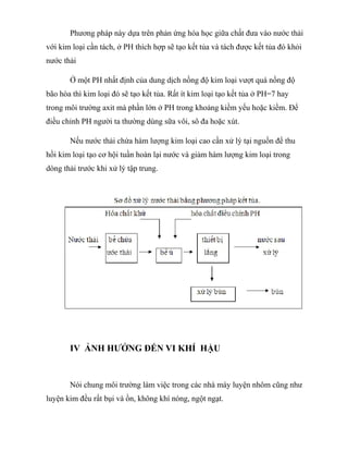 Phương pháp này dựa trên phản ứng hóa học giữa chất đưa vào nước thải
với kim loại cần tách, ở PH thích hợp sẽ tạo kết tủa và tách được kết tủa đó khỏi
nước thải
Ở một PH nhất định của dung dịch nồng độ kim loại vượt quá nồng độ
bão hòa thì kim loại đó sẽ tạo kết tủa. Rất ít kim loại tạo kết tủa ở PH=7 hay
trong môi trường axit mà phần lớn ở PH trong khoảng kiềm yếu hoặc kiềm. Để
điều chỉnh PH người ta thường dùng sữa vôi, sô đa hoặc xút.
Nếu nước thải chứa hàm lượng kim loại cao cần xử lý tại nguồn để thu
hồi kim loại tạo cơ hội tuần hoàn lại nước và giảm hàm lượng kim loại trong
dòng thải trước khi xử lý tập trung.
IV ẢNH HƯỞNG ĐẾN VI KHÍ HẬU
Nói chung môi trường làm việc trong các nhà máy luyện nhôm cũng như
luyện kim đều rất bụi và ồn, không khí nóng, ngột ngạt.
 