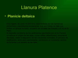 Llanura Platence Planicie deltaica Esta región, de unos 14.000 km2, está limitada por las barrancas entrerriana y santafecina-bonaerense, que son líneas de falla que limitan un bloque hundido, ocupado por el delta del Paraná y el río de la Plata.  El depósito constante de los sedimentos aportados por el río Paraná constituye el origen de las islas, cuyas orillas (albardones), levemente elevadas, están a resguardo de las crecientes normales. El proceso de deltificación, lento pero permanente, condiciona un constante cambio de la forma y el tamaño de las islas.  