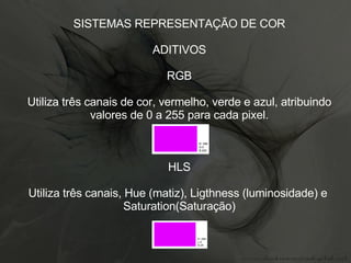 SISTEMAS REPRESENTAÇÃO DE COR ADITIVOS RGB Utiliza três canais de cor, vermelho, verde e azul, atribuindo valores de 0 a 255 para cada pixel. HLS Utiliza três canais, Hue (matiz), Ligthness (luminosidade) e  Saturation(Saturação)‏ 