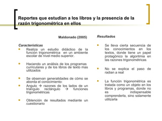 Reportes que estudian a los libros y la presencia de la razón trigonométrica en ellos Maldonado (2005)   Características   Realiza un estudio didáctico de la función trigonométrica  en un ambiente escolar de nivel medio superior. Haciendo un análisis de los programas  curriculares y de los libros de texto mas utilizados  Se observan generalidades de cómo se aborda el conocimiento: Angulo    razones de los lados de un triángulo rectángulo    funciones trigonométricas Obtención de resultados mediante un cuestionario Resultados  Se lleva cierta secuencia de los conocimientos en los textos, donde tiene un papel protagónico la algoritmia en las razones trigonométricas No se explica el paso de radian a real   La función trigonométrica es tratada como un objeto en los libros y programas, donde no es indispensable comprenderla, sino solamente utilizarla   