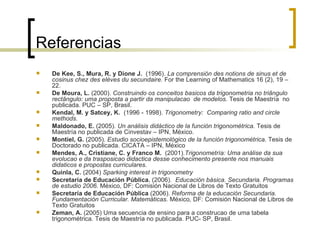 Referencias De Kee, S., Mura, R. y Dione J.  (1996).  La comprensión des notions de sinus et de cosinus chez des eléves du secundaire.  For the Learning of Mathematics 16 (2), 19 – 22. De Moura, L.  (2000).  Construindo os conceitos basicos da trigonometria no triângulo rectângulo: uma proposta a partir da manipulacao  de modelos.  Tesis de Maestría  no publicada. PUC – SP, Brasil. Kendal, M. y Satcey, K.  (1996 - 1998).  Trigonometry:  Comparing ratio and circle methods.  Maldonado, E.  (2005).  Un análisis didáctico de la función trigonométrica.  Tesis de Maestría no publicada de Cinvestav – IPN, México. Montiel, G.  (2005).  Estudio socioepistemológico de la función trigonométrica.  Tesis de Doctorado no publicada. CICATA – IPN, México Mendes, A., Cristiane, C. y Franco M.   (2001). Trigonometría: Uma análise da sua evolucao e da trasposicao didactica desse conhecimento presente nos manuais didaticos e propostas curriculares. Quinla, C.  (2004)  Sparking interest in trigonometry Secretaría de Educación Pública.  (2006).  Educación básica. Secundaria. Programas de estudio 2006.  México, DF: Comisión Nacional de Libros de Texto Gratuitos Secretaría de Educación Pública  (2006).  Reforma de la educación Secundaria. Fundamentación Curricular. Matemáticas.  México ,  DF: Comisión Nacional de Libros de Texto Gratuitos Zeman, A.  (2005) Uma secuencia de ensino para a construcao de uma tabela trigonométrica. Tesis de Maestría no publicada. PUC- SP, Brasil.  