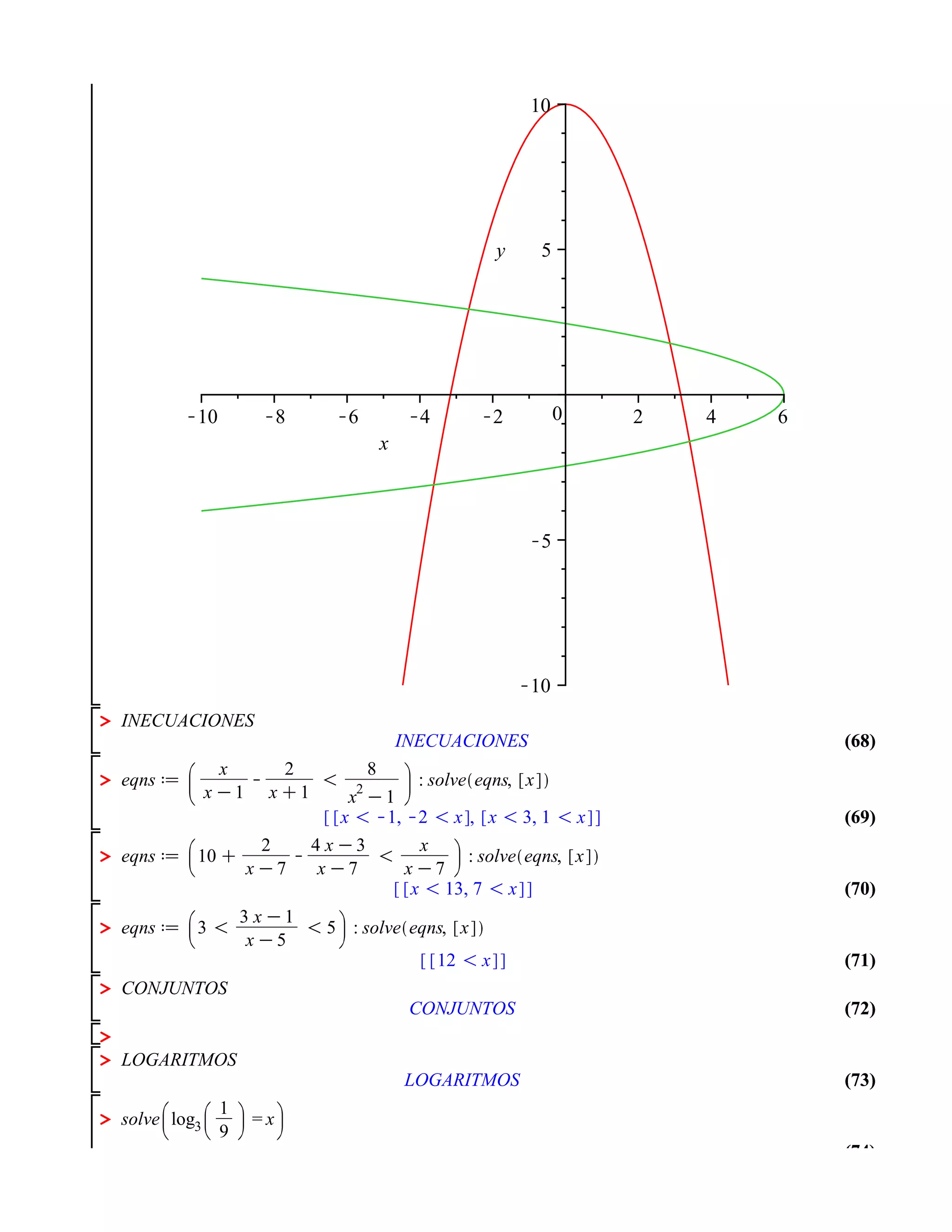 10




                 y      5




                            0   2   4   6
    x




>
        INECUACIONES                        (68)

>

                                            (69)

>
                                            (70)

>
                                            (71)
>
         CONJUNTOS                          (72)
>
>
        LOGARITMOS                          (73)

>
                                            (74)
 