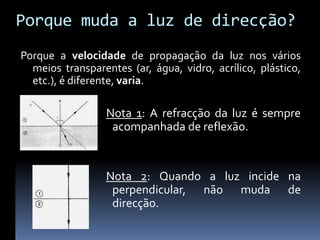 Porque muda a luz de direcção?
Porque a velocidade de propagação da luz nos vários
  meios transparentes (ar, água, vidro, acrílico, plástico,
  etc.), é diferente, varia.

                  Nota 1: A refracção da luz é sempre
                   acompanhada de reflexão.


                  Nota 2: Quando a luz incide na
                   perpendicular, não muda de
                   direcção.
 