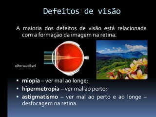 Defeitos de visão
A maioria dos defeitos de visão está relacionada
  com a formação da imagem na retina.




olho saudável



 miopia – ver mal ao longe;
 hipermetropia – ver mal ao perto;
 astigmatismo – ver mal ao perto e ao longe –
  desfocagem na retina.
 