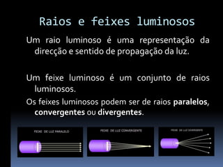 Raios e feixes luminosos
Um raio luminoso é uma representação da
 direcção e sentido de propagação da luz.

Um feixe luminoso é um conjunto de raios
 luminosos.
Os feixes luminosos podem ser de raios paralelos,
  convergentes ou divergentes.
 