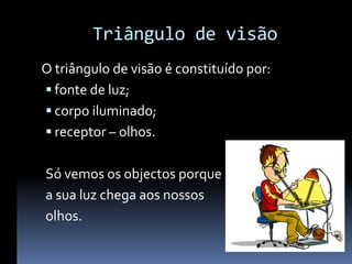Triângulo de visão
O triângulo de visão é constituído por:
 fonte de luz;
 corpo iluminado;
 receptor – olhos.


Só vemos os objectos porque
a sua luz chega aos nossos
olhos.
 
