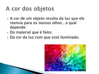    A cor de um objeto resulta da luz que ele
    reenvia para os nossos olhos , a qual
    depende:
   Do material que é feito;
   Da cor da luz com que está iluminado.
 