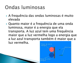    A frequência das ondas luminosas é muito
    elevada
   Quanto maior é a frequência de uma onda
    luminosa, maior é a energia que ela
    transporta. A luz azul tem uma frequência
    maior que a luz vermelha logo a energia que
    a luz azul transporta também é maior que a
    luz vermelha.
 